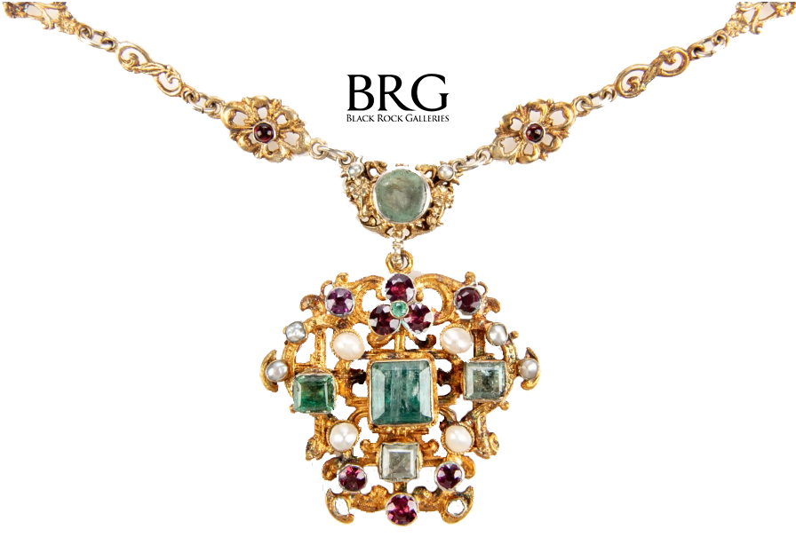 Hungarian Baroque Style Emerald, Natural Pearl, Garnet In Gold Vermeil Silver Necklace With Pendant